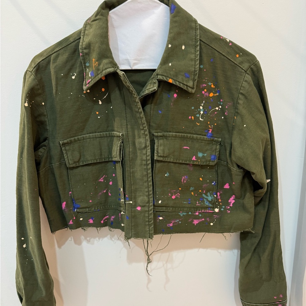 Pilcro from anthropology, hunter green crop Jean jacket XS petite